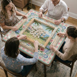 May include: A group of four people playing Mahjong at a table. The table has a floral and beach scene design. The game pieces are beige and the table is surrounded by wooden chairs. The players are wearing casual clothing.