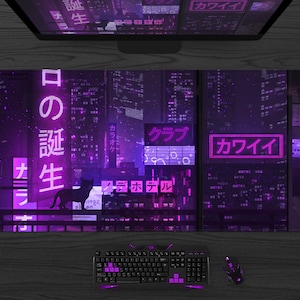 Purple Neon City Gaming Mousepad, Japanese Desk Mat Tokyo Street, XXL Extended Anime Mouse Pad, lofi Extra large keyboard Deskmat for gamers
