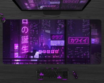Purple Neon City Gaming Mousepad, Japanese Desk Mat Tokyo Street, XXL Extended Anime Mouse Pad, lofi Tastiera extra large Deskmat per i giocatori