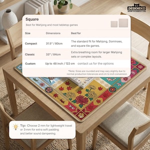 May include: A square Mahjong and tabletop game mat with a colorful floral design. The mat is shown on a wooden table and is available in various sizes, including up to 48 inches (122 cm).