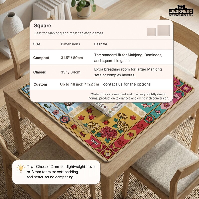 May include: A square Mahjong and tabletop game mat with a colorful floral design. The mat is shown on a wooden table and is available in various sizes, including up to 48 inches (122 cm).
