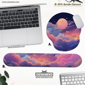 May include: A computer setup featuring a laptop, a mouse, and two desk accessories. The accessories include a round mousepad and a wrist rest, both adorned with a dreamy sunset and cloud design. The mousepad has a wrist rest. The text "20% Bundle Discount" is visible.