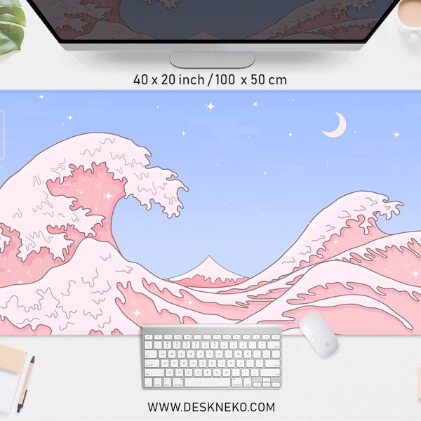 Kawaii desk mat pink wave, Cute aesthetic mousepad, XXL gaming deskmat rgb led, Great pastel baby blue Kawai anime, xl mouse pad wrist rest