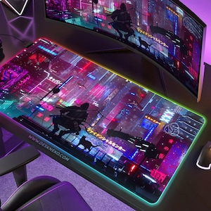 Cyberpunk mousepad, Gaming Desk Mat RGB LED, Vaporwave ninja cat, Tokyo city Japanese Neon signs anime Japan, Xl deskmat mouse pad large XXL