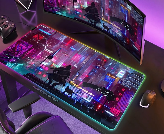 Cyberpunk Mousepad Gaming Desk Mat RGB LED Vaporwave Ninja Cat