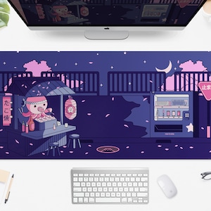 Kawaii Desk Mat Cute Mousepad for Gamers, Anime Market Octopus Tsukiji ramen,  Sushi keycap mouse pad, large xxl purple gaming deskmat