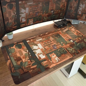 Cats Desk Mat Lofi, Aesthetic Mousepad large, Cute Anime cottagecore plants, keyboard matt, Led mouse pad XL, Kawaii gaming deskmat xxl gift