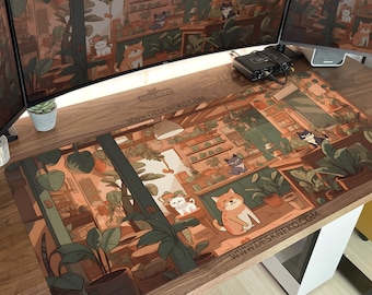 Cats Desk Mat Lofi, Aesthetic Mousepad large, Cute Anime cottagecore plants, keyboard matt, Led mouse pad XL, Kawaii gaming deskmat xxl gift