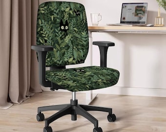 Funda verde para silla de escritorio, funda de gato para silla de oficina o gaming, protector de asiento elástico con plantas y gatos negros, arte de gatos anime kawaii