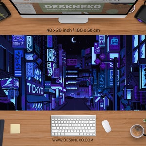 Gaming-skrivbordsmatta blå, stor musmatta rgb, Vaporwave Tokyo city street anime handledsstöd, bred XXL LED-skrivbordsmatta japansk musmatta för spelare 40" x 20" (100x50cm) inches