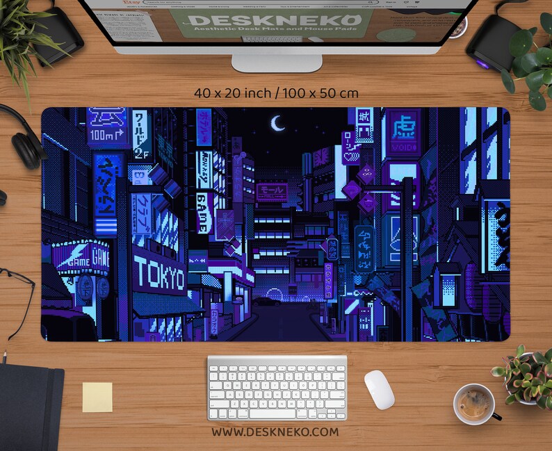 Gaming-skrivbordsmatta blå, stor musmatta rgb, Vaporwave Tokyo city street anime handledsstöd, bred XXL LED-skrivbordsmatta japansk musmatta för spelare 40" x 20" (100x50cm) inches