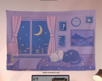 Anime Tapestry, Kawaii Wall hanging, Tokyo skyline bedroom window, cute moon & stars, Pastel purple aesthetic office room decor accessory