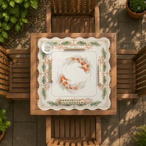May include: A square, off-white placemat with a scalloped edge, featuring a koi fish design. The fish are orange and white, swimming in a circle. Lotus flowers and Chinese characters surround the fish. The placemat is on a wooden table.