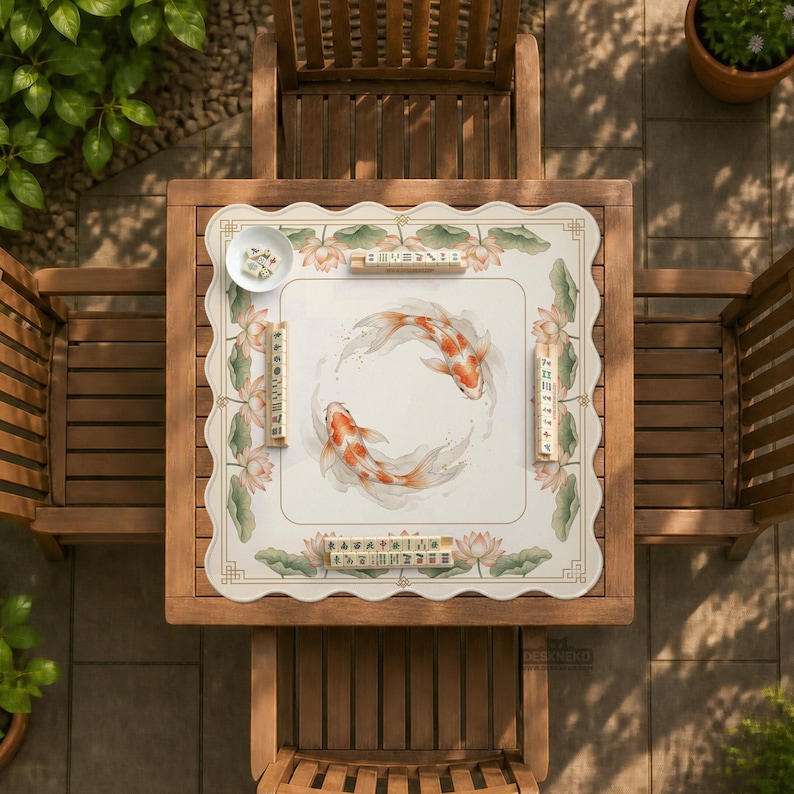 May include: A square, off-white placemat with a scalloped edge, featuring a koi fish design. The fish are orange and white, swimming in a circle. Lotus flowers and Chinese characters surround the fish. The placemat is on a wooden table.