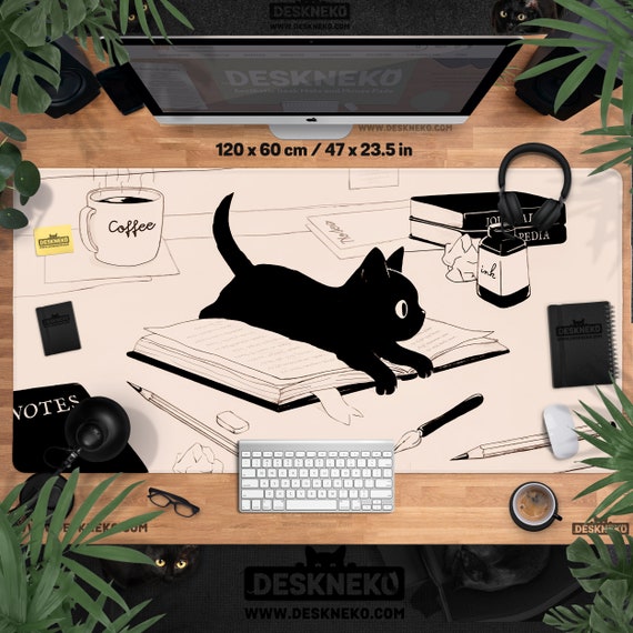 Cute Cat Desk Mat Mousepad, Large Mouse Pad Coffee, Anime Manga Beige Off-white Deskmat XXL, Long extended XL, Work Office Matt for women