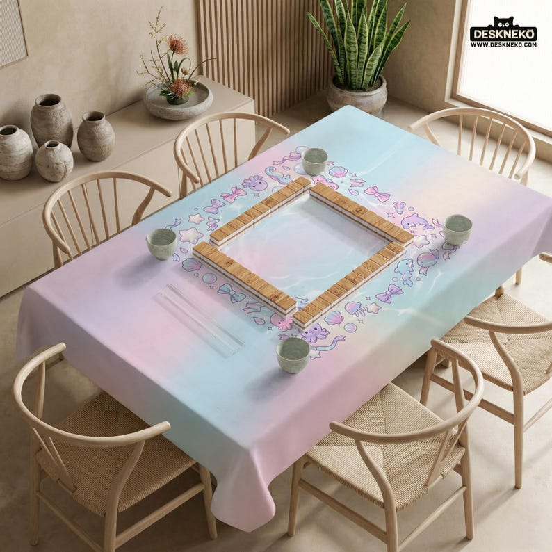 May include: A pastel-colored tablecloth with a whimsical design featuring sea creatures and bows. The table is set with wooden chairs and small ceramic bowls. A wooden frame sits in the center of the table, and the overall aesthetic is soft and inviting.