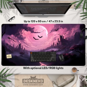 Spooky Desk Mat: Playmat or Mouse pad, Pastel Goth Witchy, Dark Pink Halloween Mousepad led, Scary Night deskmat, Black Magic Fantasy Castle