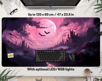 Spooky Desk Mat: Playmat or Mouse pad, Pastel Goth Witchy, Dark Pink Halloween Mousepad led, Scary Night deskmat, Black Magic Fantasy Castle