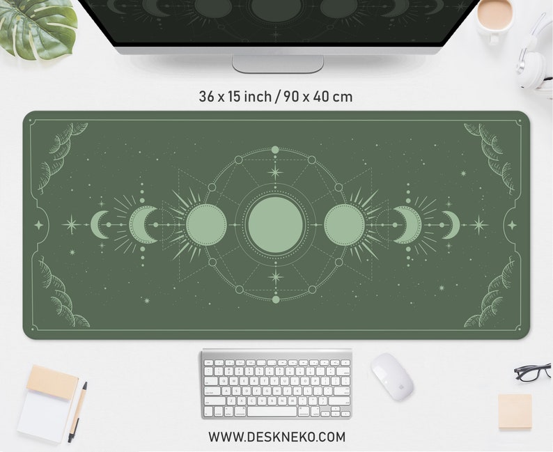 Light Green Desk Mat Moon Phases Cute Nature Mousepad Etsy