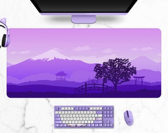 Japanese Desk Mat, Purple/Pink anime aesthetic landscape, mount fuji, tori gate and cherry blossom tree, XXL gaming mousepad (6 sizes)
