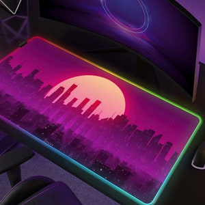 Vaporwave Desk mat RGB, Cyberpunk Mousepad, Synthwave Deskmat Led, XL Big Gaming Mouse pad XXL, Outrun Purple City Skyline Sunset aesthetic