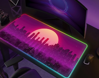 Tapis de bureau RVB Vaporwave, tapis de souris cyberpunk, tapis de bureau LED Synthwave, grand tapis de souris de jeu XL XXL, esthétique City Skyline Sunset Outrun violet