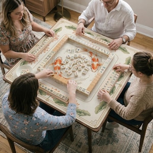 May include: A group of four people playing Mahjong around a rectangular table. The table features a cream-colored surface with a koi fish design and floral accents. The game pieces are beige, and the players are seated on wooden chairs.