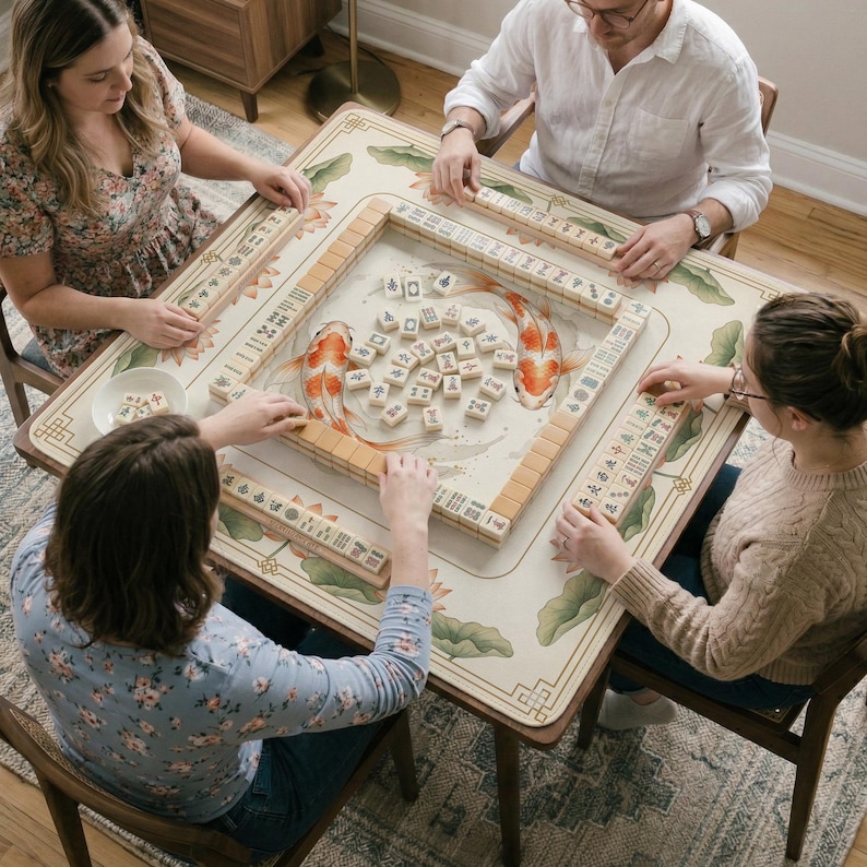 May include: A group of four people playing Mahjong around a rectangular table. The table features a cream-colored surface with a koi fish design and floral accents. The game pieces are beige, and the players are seated on wooden chairs.