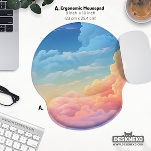 Kawaii Clouds Mouse Pad Wrist Rest, Cute Ergonomic Mousepad, Sky Anime Clouds Keyboard Support deskmat pad, Pastel Watercolor Desk Accessory
