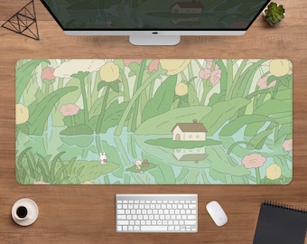 Kawaii green desk mat cute mousepad Japanese, Flowers and plants korean, kawai anime aesthetics small mouse pad large xxl gaming desk mat xl