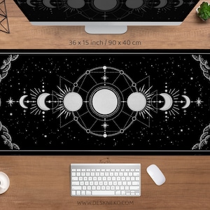 Moon phases Desk Mat, Celestial mousepad, Witchy mouse pad large, Black silver white deskmat, Tarot astrology witch aesthetic wrist rest