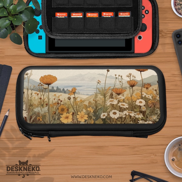 Étui Cottagecore pour Nintendo Switch, porte-carte de jeu, housse de quai accessoire Switches, fleur florale marron beige, jolie pochette de transport lite oled