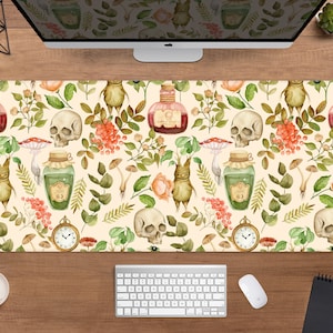 Pilz-Schreibtischunterlage Cottagecore Mousepad Waldsammler, niedliche Hexe Cottage Kräuterkunde Goth Sammler, große xxl Gaming Schreibtischmatte kleines Mauspad