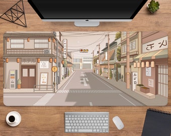 Tokyo street Desk Mat Anime, tappetino per mouse giapponese xl, tappetino per mouse da gioco extra large kawaii xxl, carino beige lo fi Anime estetica scenario città