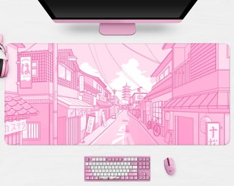 Cute Anime Desk Mat Pink,Kawaii Mousepad Tokyo street, Retro lo-fi pastel Anime aesthetics, xxl extra large gaming deskmat, mouse pad