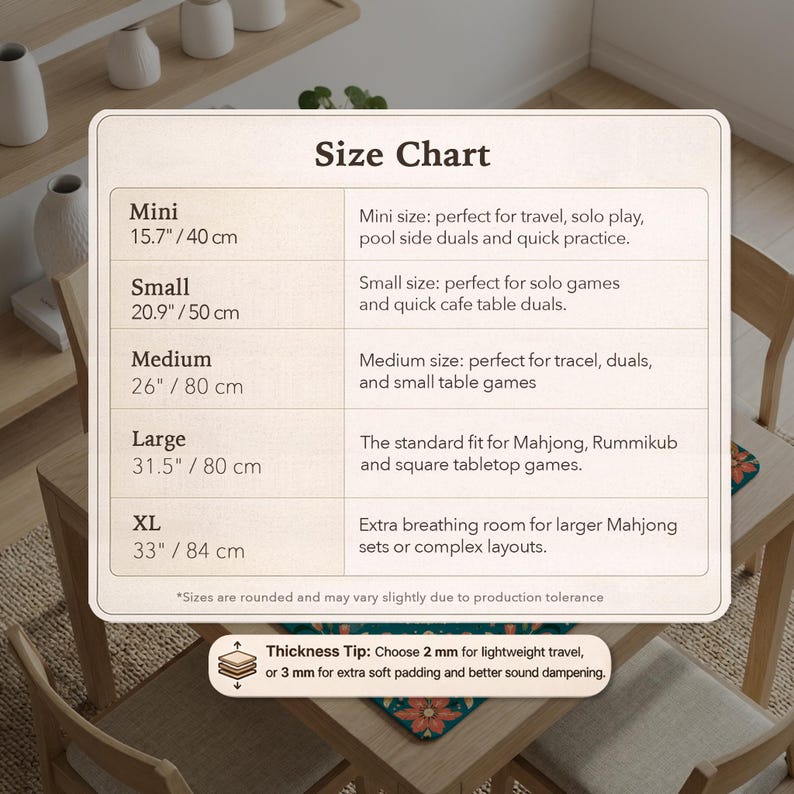 May include: A rectangular size chart for game mats with five categories: Mini at 15.7 inches, Small at 20.9 inches, Medium at 26 inches, Large at 31.5 inches, and XL at 33 inches. A thickness tip suggests 2 mm or 3 mm options for the game mats.