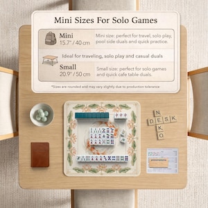 May include: A tabletop setup featuring a mini Mahjong set with tiles, a small brown notebook, and a bowl of green spheres. The set includes a playing mat with a floral design and the text "Mini Sizes For Solo Games". The mini size is 15.7 inches / 40 cm.