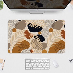 Boho desk mat mousepad minimal, Cute beige brown forest plants flowers, botany botanical pattern monstera matt, xxl gaming deskmat mouse pad 14" x 24" (35x60cm) inches