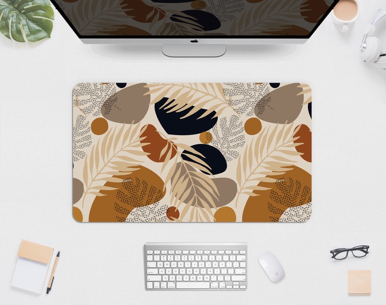 Boho desk mat mousepad minimal, Cute beige brown forest plants flowers, botany botanical pattern monstera matt, xxl gaming deskmat mouse pad 14" x 24" (35x60cm) inches