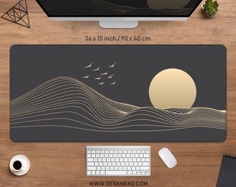 Abstract Desk Mat Black and Gold, Sun and wave Mousepad, Dark Japanese aesthetic, XXL big large rgb led gaming deskmat mouse pad wrist rest