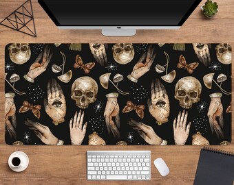 Goth desk mat skulls, Witch mousepad xxl, Magic mushroom forager, Cottagecore boho wicca pagan, nature deskmat, xl mystical mouse pad