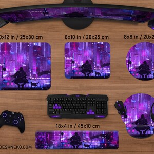 May include: A collection of gaming accessories featuring a cyberpunk cityscape design in shades of purple and black. Includes a mousepad, keyboard, wrist rest, mouse, controller, and headset. The mousepad sizes are 10x12 inches, 8x10 inches, and 8x8 inches.