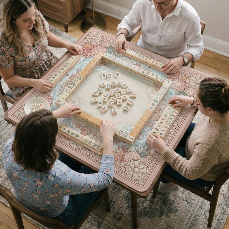 May include: A group of four people playing Mahjong at a table. The table has a pink and blue ocean-themed design. The game pieces are beige, and the players are seated around the table.
