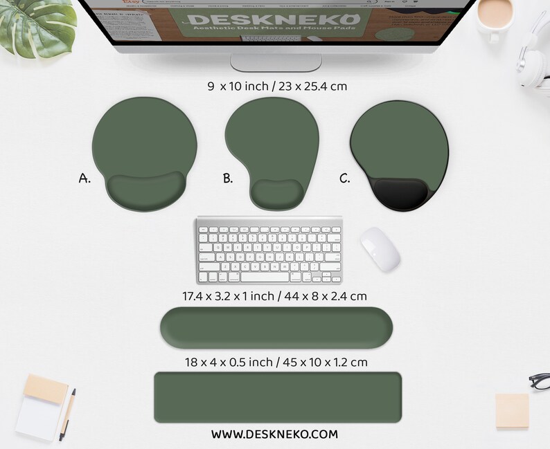 May include: An overhead shot displays a computer setup with green desk accessories. Three different green ergonomic mouse pads are shown, along with a keyboard, mouse, and wrist rests. The website address is www.deskneko.com.