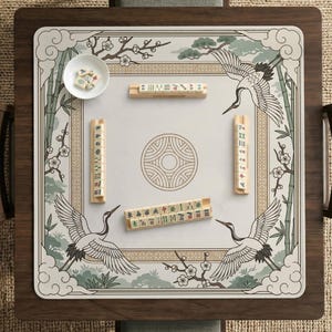 May include: Mahjong game set with a decorative playing surface featuring cranes, bamboo, and floral elements. The wooden game board has a square design with a central circular pattern. The set includes tiles and a small bowl.