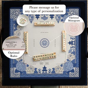 Blue White Floral Mahjong Mat, Chinoiserie Hydrangea Pagoda Tabletop Cover, Elegant Hostess Gift, Lotus Square Game Surface Decor Home image 10