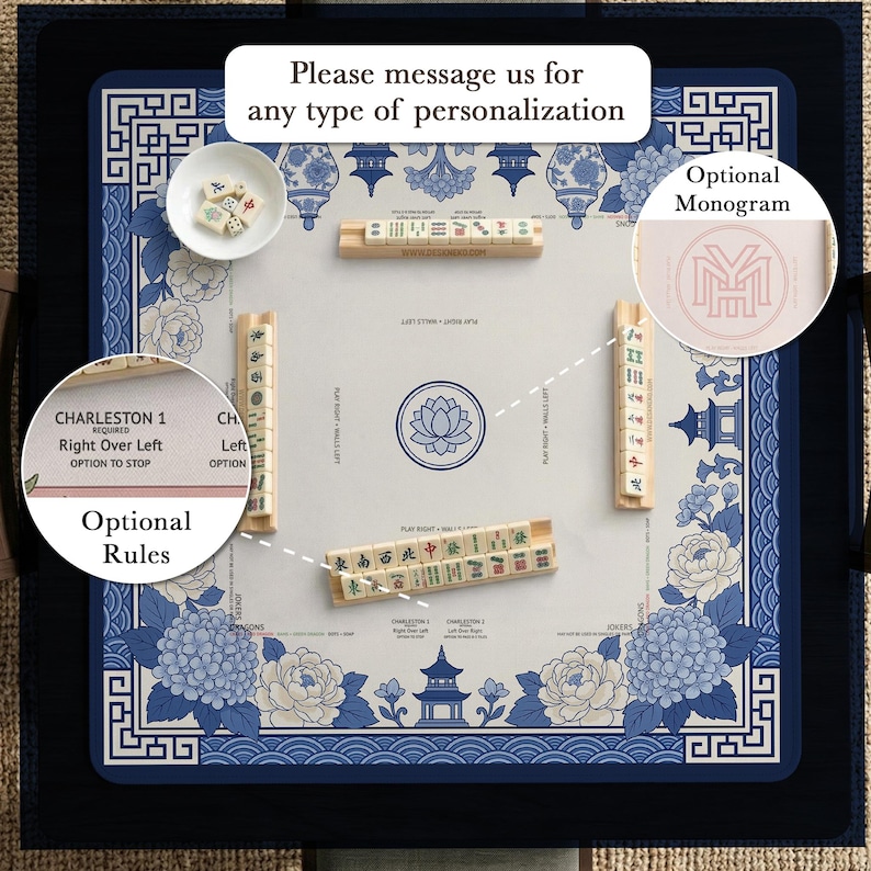 Blue White Floral Mahjong Mat, Chinoiserie Hydrangea Pagoda Tabletop Cover, Elegant Hostess Gift, Lotus Square Game Surface Decor Home image 10