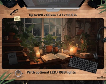 Dark Academia Desk Mat: Plants & Books Mouse pad, Cozy Lofi Deskmat, Lo-Fi Witchy cottagecore candle, Extra Large mousepad, Aesthetic Gift