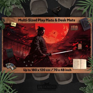 Samurai Playmat/Schreibtischunterlage, Tcg mtg Karten/Würfel/Brettspiel, dunkelrot genähte Spielmatte/Schreibtischunterlage/Mauspad, Spielmatte, Spielmatte, japanischer Anime, 60x60 cm