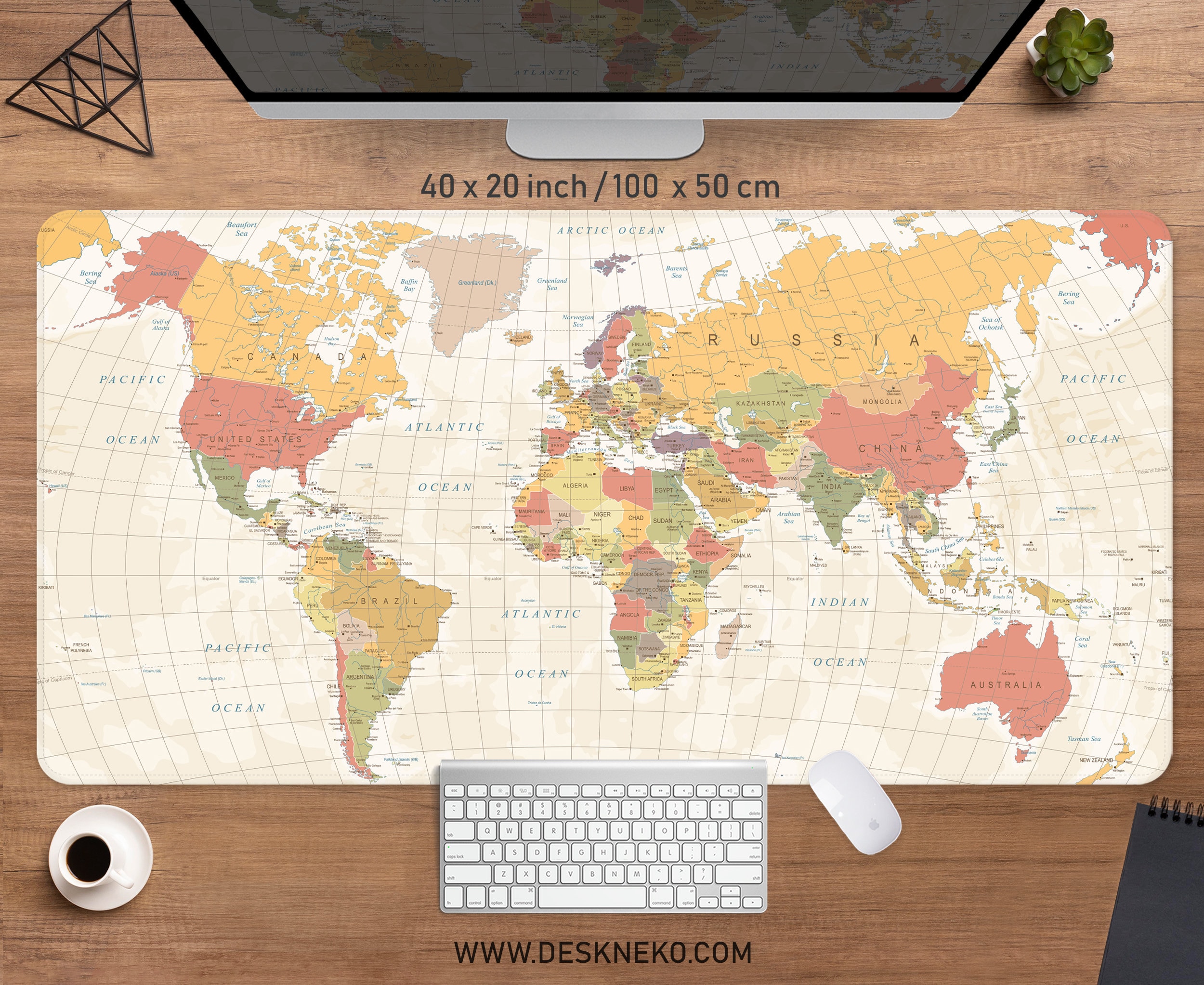 World map desk mat, gaming mousepad rgb led, xxl big extended deskmat,beige brown neutral colors,  xl extra large topographic mouse pad